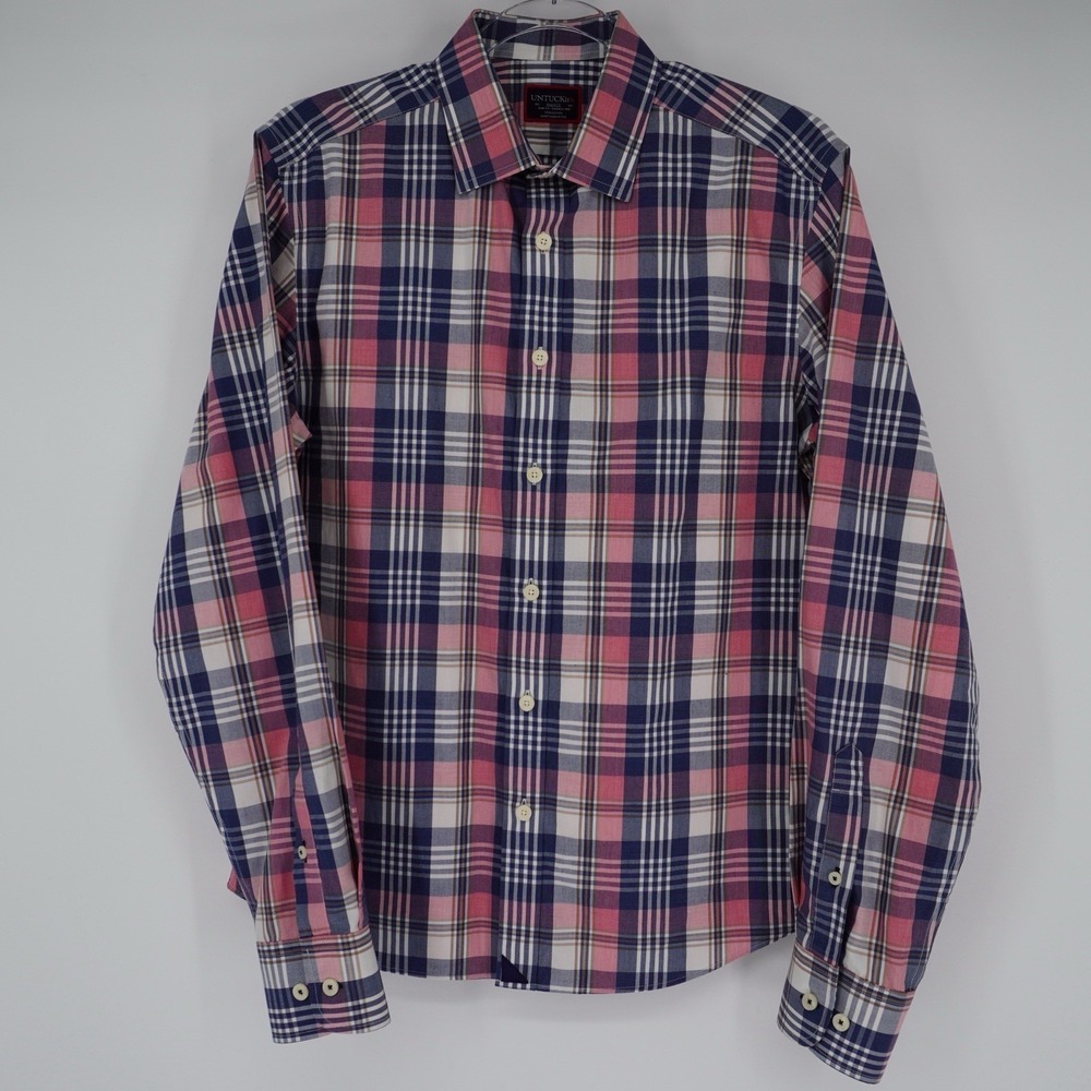 UNTUCKit Mens Pink Blue Plaid Long Sleeve Button Up Shirt Slim Fit Small Preppy